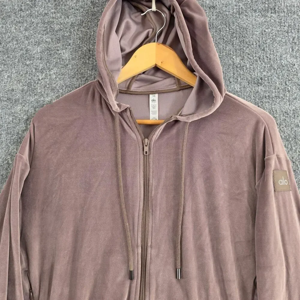 Alo Yoga Hoodie Women XS Velour Glimmer Full Zip Brown Yoga Gym Athleisure Chic